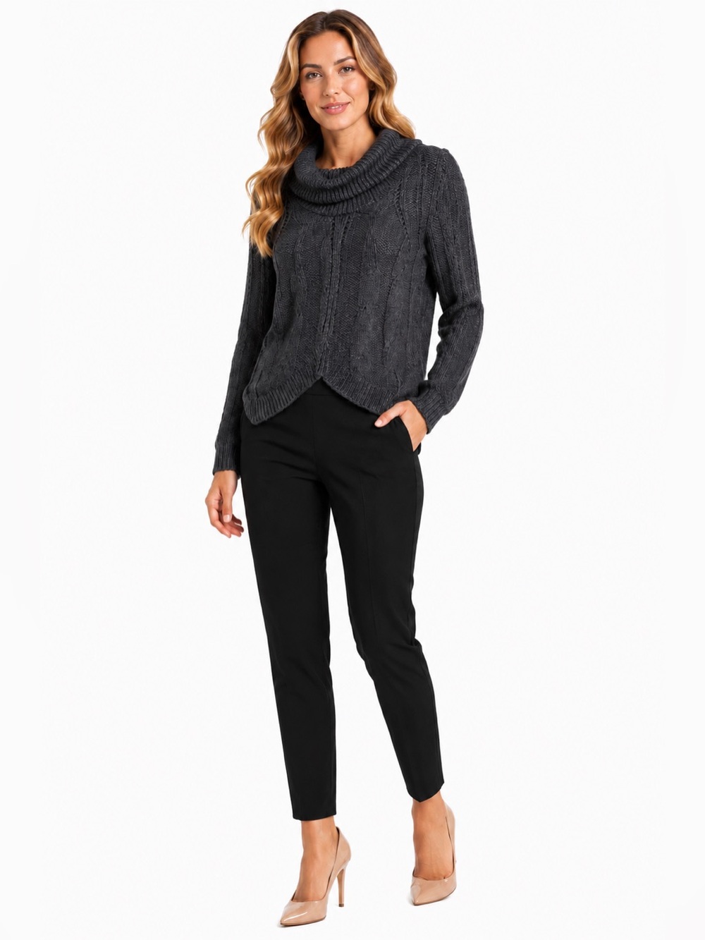 Loft Ann Taylor Women's Cowl Neck Sweater Cable Knit Wool Blend Charcoal Sz M